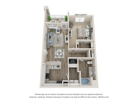 Floor plan for 1 bed, 1 bath, 845 sqft